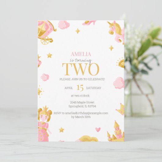 Prinses 2e Verjaardag Uitnodiging - Roze & Goud (Staand voorkant)