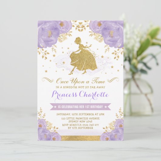 Prinses Assepoester Paarse Gouden Bloemen Verjaard Kaart (Staand voorkant)