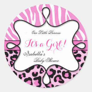 Prinses Baby Shower Meisje Roze Luipaard Zebra Ronde Sticker