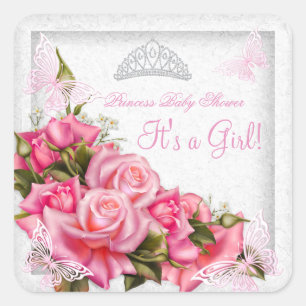 Prinses Baby Shower Meisje Vlinder Roze Roos 3 Vierkante Sticker