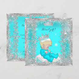 Prinses baby shower turkoois zilver blond kaart