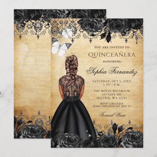 prinses Black Butterfly Quinceañera Kaart (Voorkant / Achterkant)
