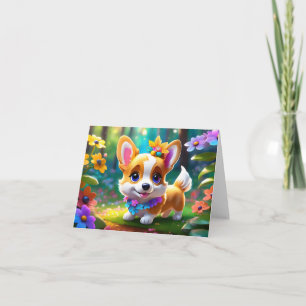 Prinses Corgi Puppy met Bloemen Blank Groet Kaart