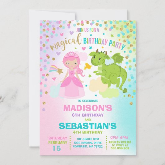 Prinses en draak verjaardagsuitnodiging broers en  kaart (Voorkant)