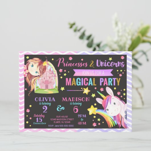 Prinses en eenhoorn gezamenlijke verjaardag uitnod kaart (Staand voorkant)