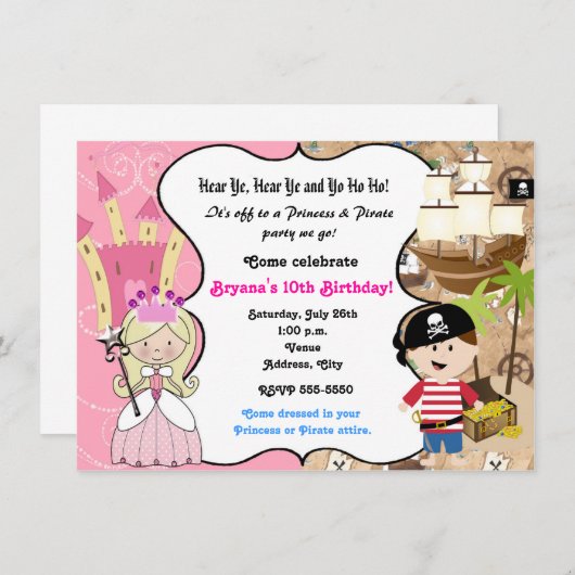 Prinses en piraat verjaardagsfeestje uitnodiging (Voorkant / Achterkant)