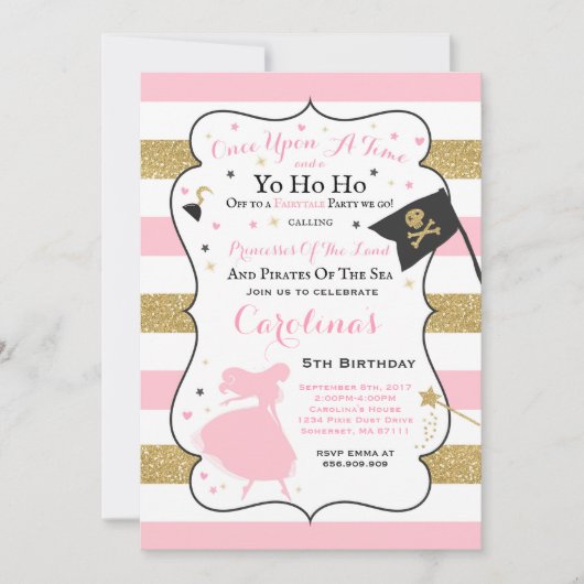 Prinses en piraat verjaardagsuitnodiging kaart (Voorkant)