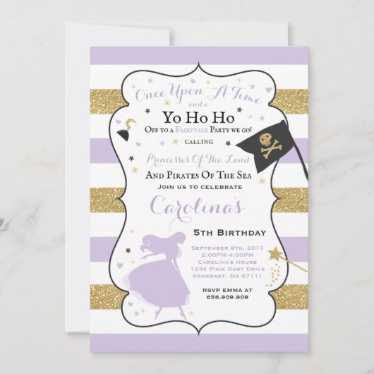 Prinses en piraat verjaardagsuitnodiging kaart (Voorkant)