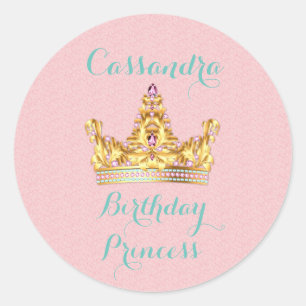 Prinses Gouden Edelstenen Diadeem Roze Damast Ronde Sticker