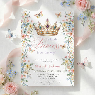Prinses Gouden Kroon Bloem Vlinder Baby Shower Kaart