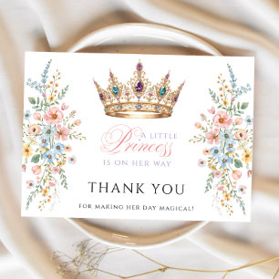 Prinses Gouden Kroon Bloemige Baby Shower Dank je Bedankkaart
