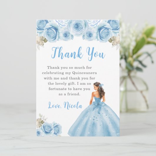 Prinses in blauwe jurk Quinceanera Bedankt (Staand voorkant)