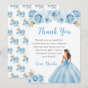 Prinses in blauwe jurk Sweet Sixteen Dank u Bedankkaart