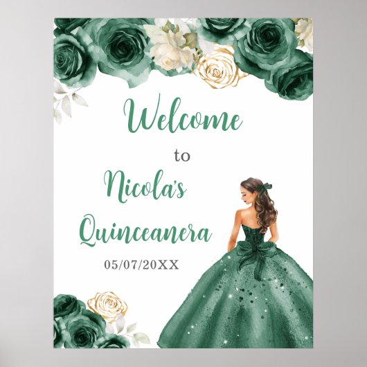 Prinses in donkergroene jurk Quinceanera Welkom Poster (Voorkant)