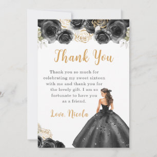 Prinses in een zwarte jurk Sweet Sixteen Dank u Bedankkaart