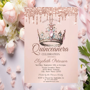 Prinses Kroon Kasteel Roze Goud Druppels Quinceañe Kaart