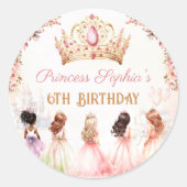 Prinses Kroon Roze Goud Bloemen Meisje Verjaardag Ronde Sticker (Voorkant)