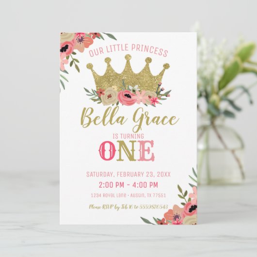 Prinses Kroon Verjaardag Uitnodiging Roze Goud (Staand voorkant)