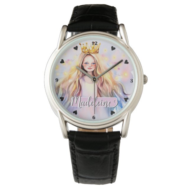  Prinses Meisje Rainbow Waterverf Custom Horloge (Voorkant)
