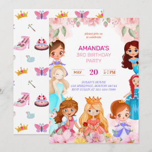 Prinses Meisje Verjaardagsfeest 3e jaar Uitnodigin Feestdagenkaart