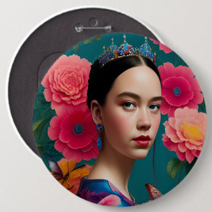 Prinses met een blauwe tiara ronde button 6,0 cm