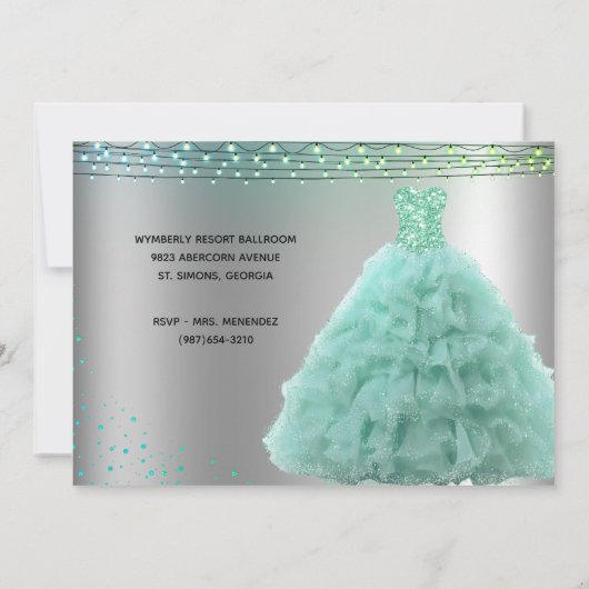 Prinses Mint Groene Gown String Lights Quinceanera Kaart (Achterkant)