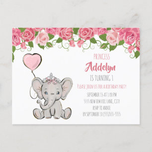 Prinses Olifant Kind 1e Verjaardag Roze Bloemen Uitnodiging Briefkaart