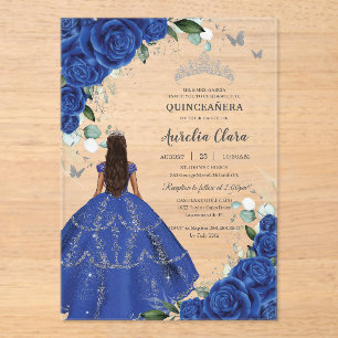 Prinses Quinceañera Koninklijk Blauwe Rozen Zilver Acryl Uitnodigingen