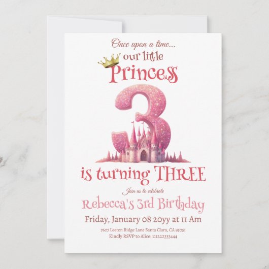 Prinses Roze Kasteel Derde 3e Verjaardag Kaart (Voorkant)