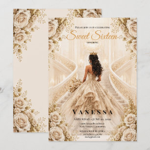 Prinses sweet 16 Beige en Gouden Uitnodiging