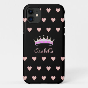 Prinses Tiara Kroon & Roze Harten op Zwart iPhone 11 Hoesje