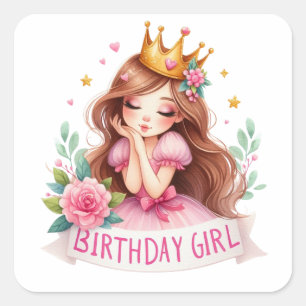 Prinses Verjaardagsmeisje Kroon Vierkante Sticker