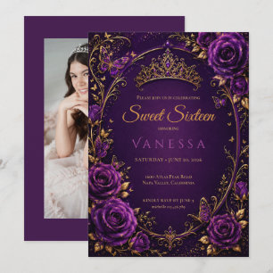 Prinses vlinders foto paars sweet 16 kaart