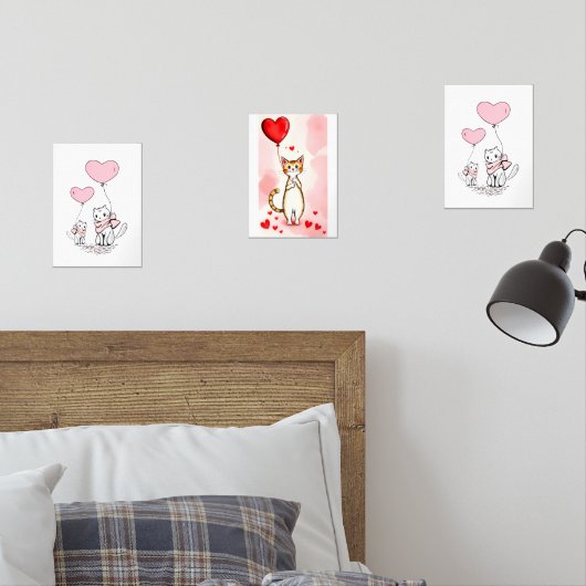 Print Set  Cat Red & Pink Hearts (Slaapkamer)