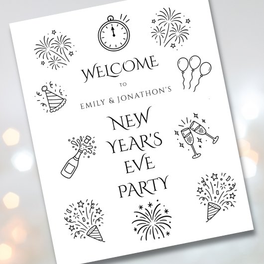Printable Doodles Black Welcome to New Year Party Poster
