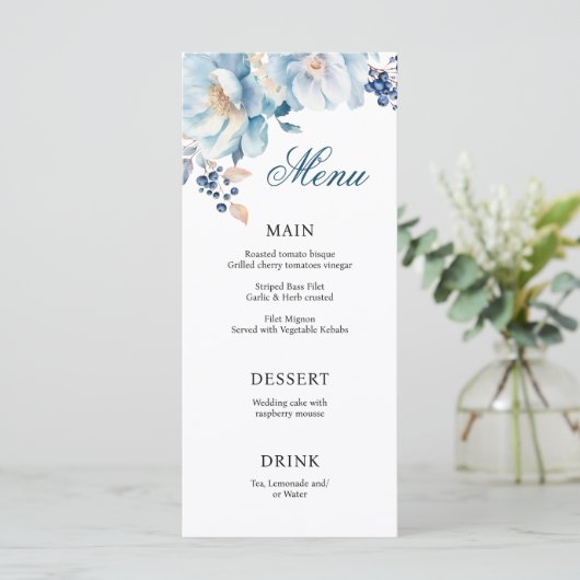 Printable Dusty Blue Florals Bruiloft Menu (Staand voorkant)