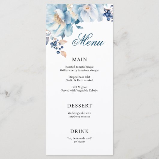 Printable Dusty Blue Florals Bruiloft Menu (Voorkant)