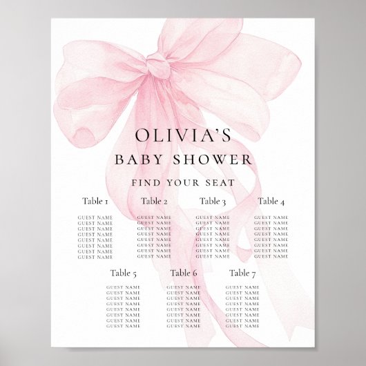 Printable Pink Bow Baby Shower Seating Chart Poster (Voorkant)