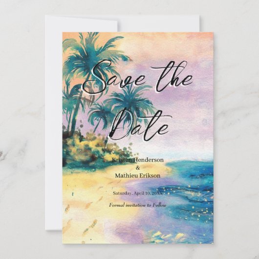 Printable romantische strand bruiloft save the date (Voorkant)