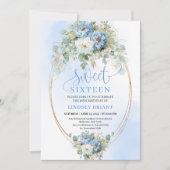 Printable Script Dusty Blue Floral Sweet 16 Invite Kaart (Voorkant)