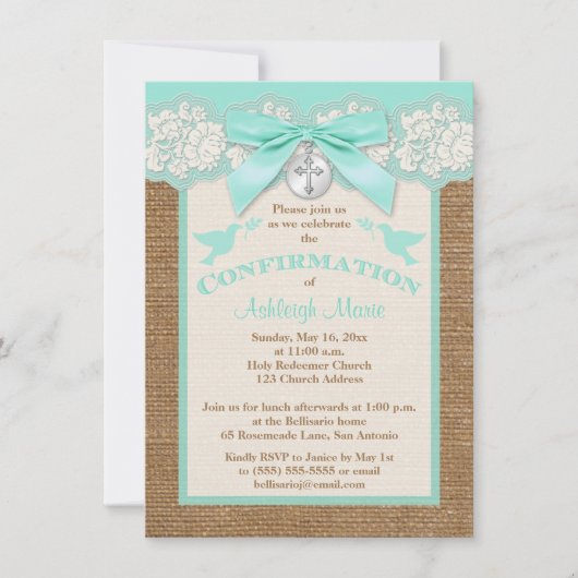 PRINTED BOW & CHARM Aqua Bevestiging Uitnodigen Kaart (Voorkant)