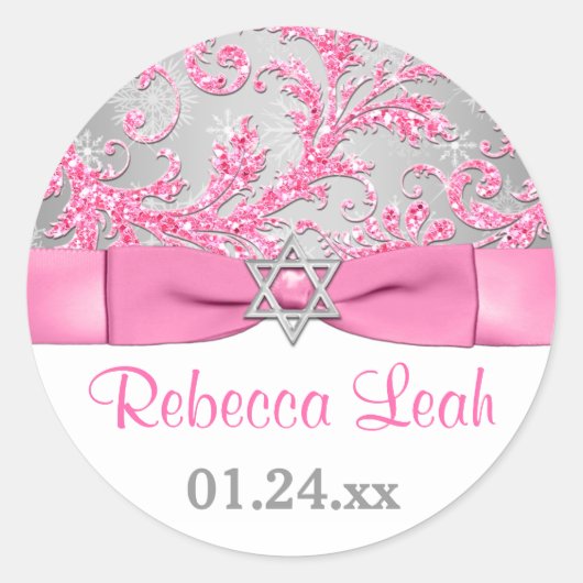 PRINTED Bow - Winter Wonderland Damask Bat Mitzvah Ronde Sticker (Voorkant)