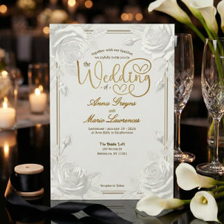 Printed Embossed White Rose Faux Gold Wedding  Kaart