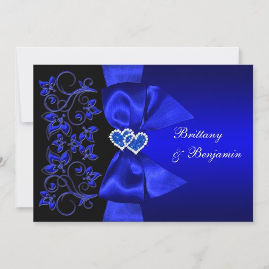 PRINTED RIBBON Blue, Black Floral Wedding Invite Kaart (Voorkant)