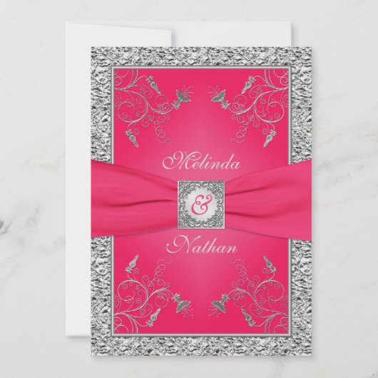 PRINTED RIBBON Hot Pink, Silver Wedding Invitation Kaart (Voorkant)