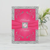 PRINTED RIBBON Hot Pink, Silver Wedding Invitation Kaart (Staand voorkant)