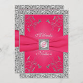 PRINTED RIBBON Hot Pink, Silver Wedding Invitation Kaart (Voorkant / Achterkant)