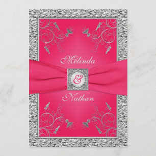 PRINTED RIBBON Hot Pink, Silver Wedding Invitation Kaart