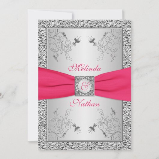 PRINTED RIBBON Hot Pink, Silver Wedding Invite 2 Kaart (Voorkant)