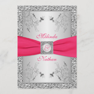 PRINTED RIBBON Hot Pink, Silver Wedding Invite 2 Kaart